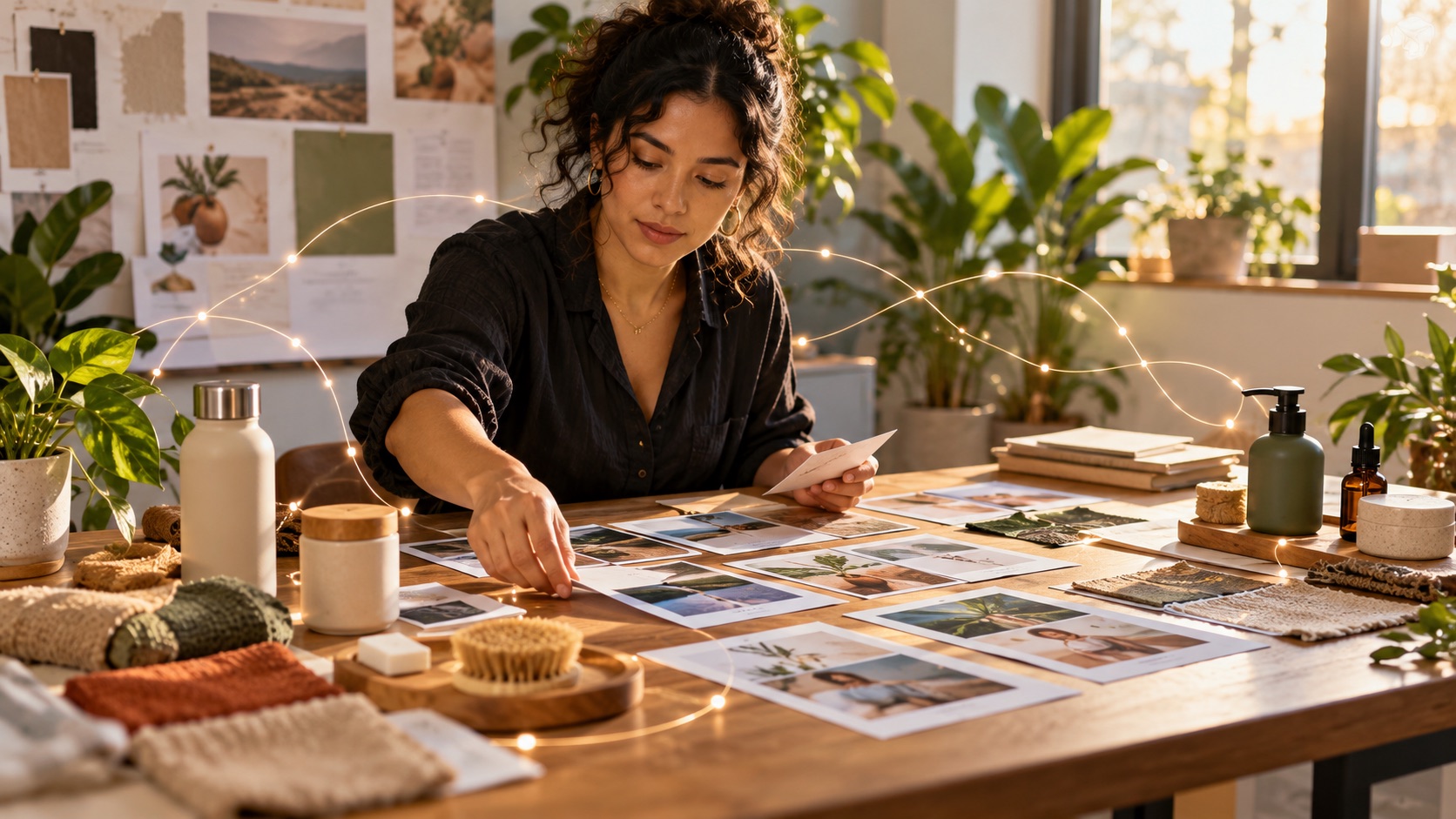 A creator arranging product images and brief materials in a studio