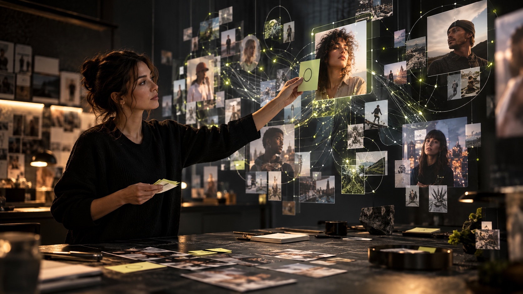 A human strategist curating a suspended constellation of creator evidence connected by abstract AI signals