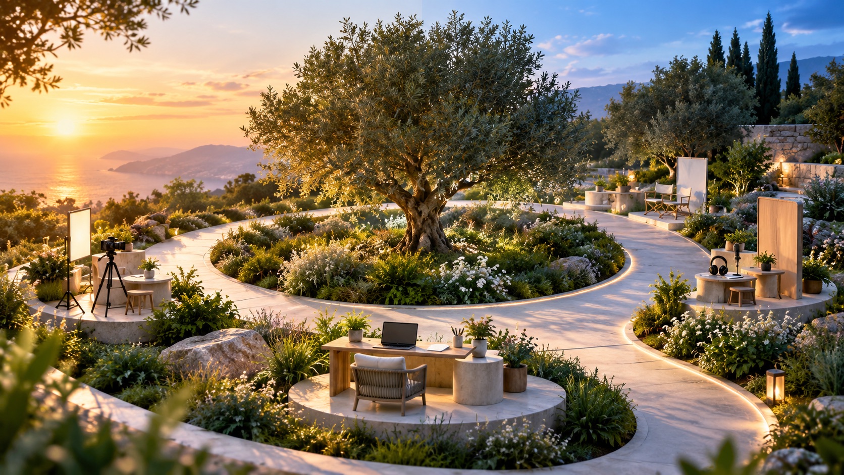 Production stations arranged along a circular garden path