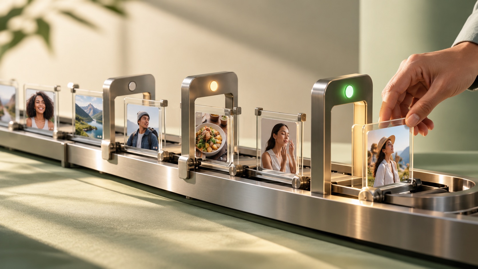 A hand moving creator photos along staged approval blocks