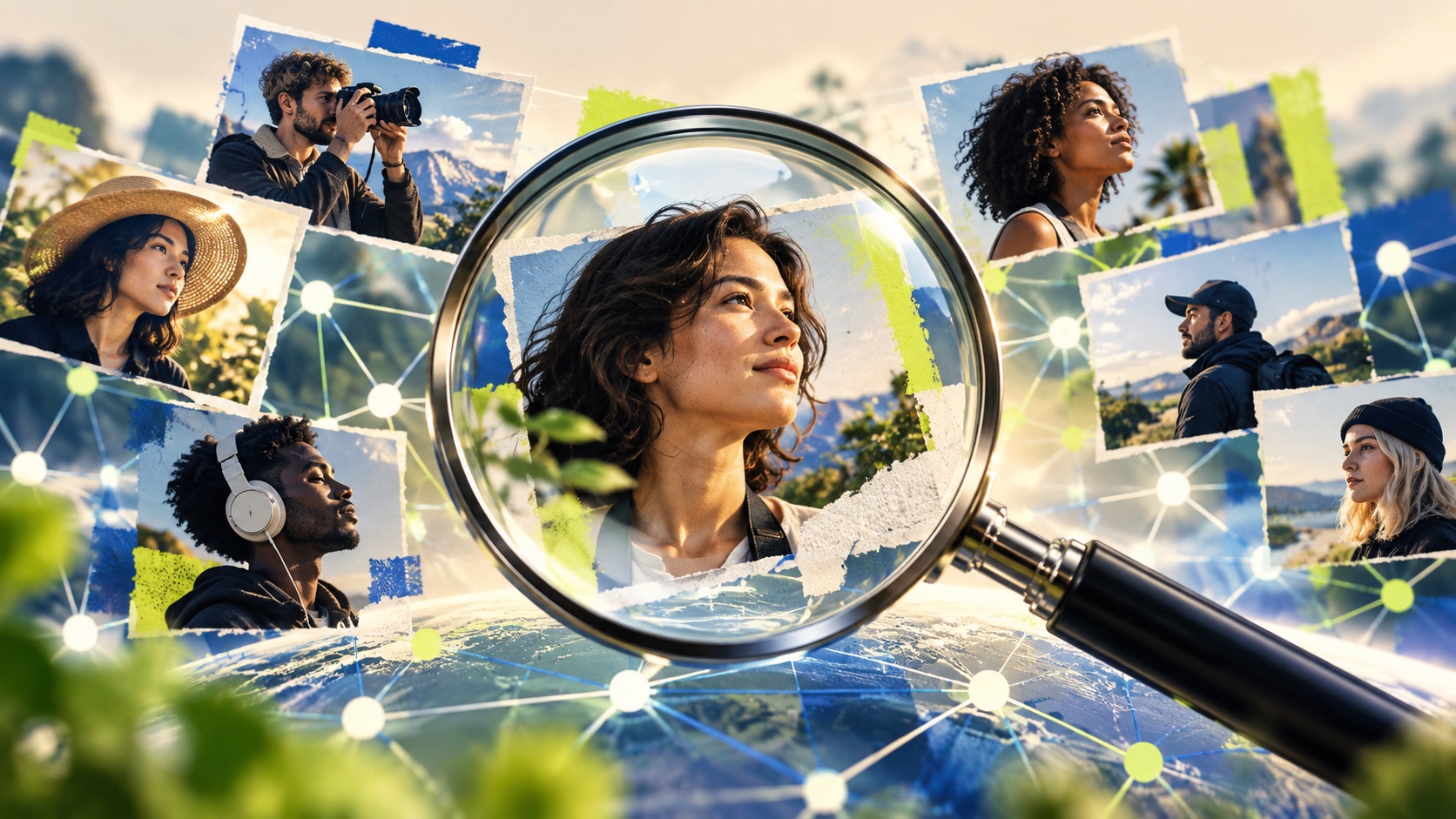 Magnifying lens examining creator evidence above an abstract network