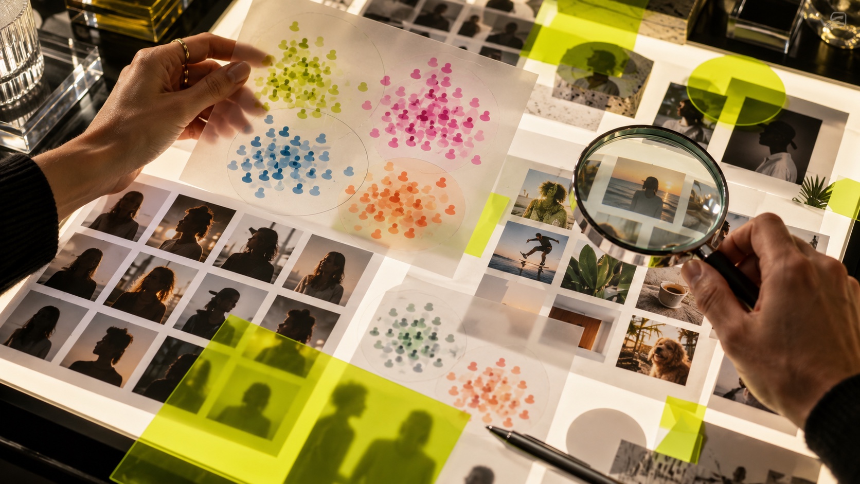 Hands reviewing translucent audience clusters and creator contact sheets on a light table