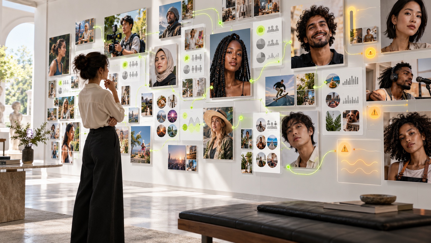 A brand strategist using AI-assisted review to compare a diverse global set of creator profiles and campaign risks