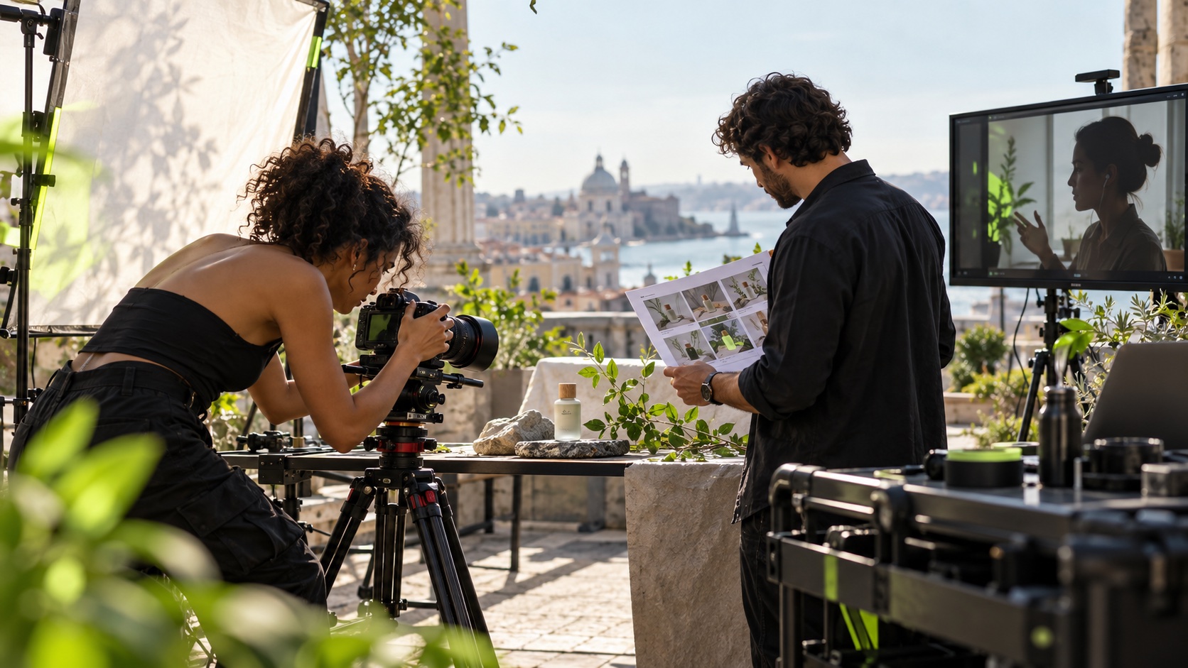 A creator, brand producer, and remote agency partner aligning a global campaign brief before production