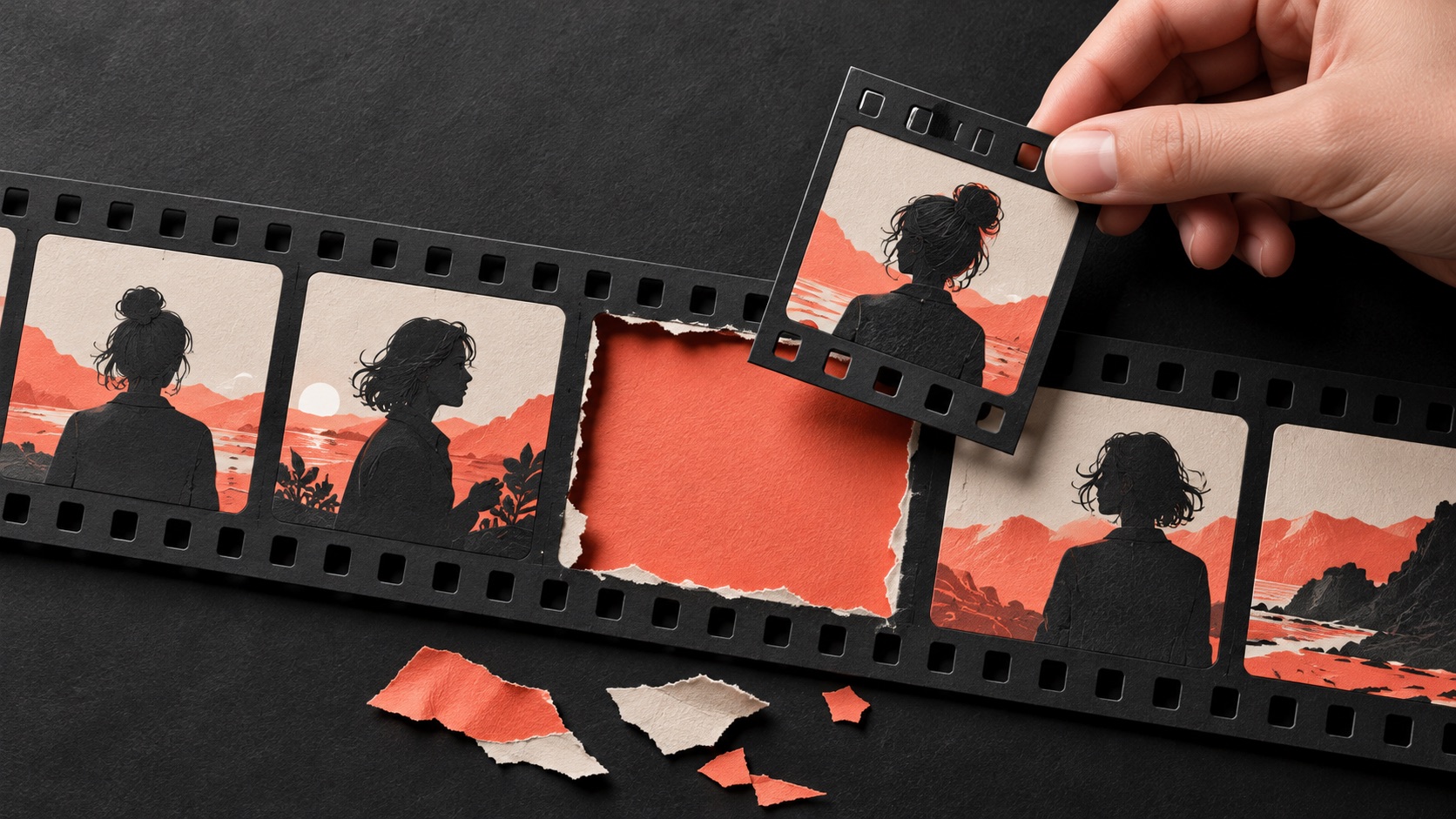 Film strip with one removed frame representing a content takedown
