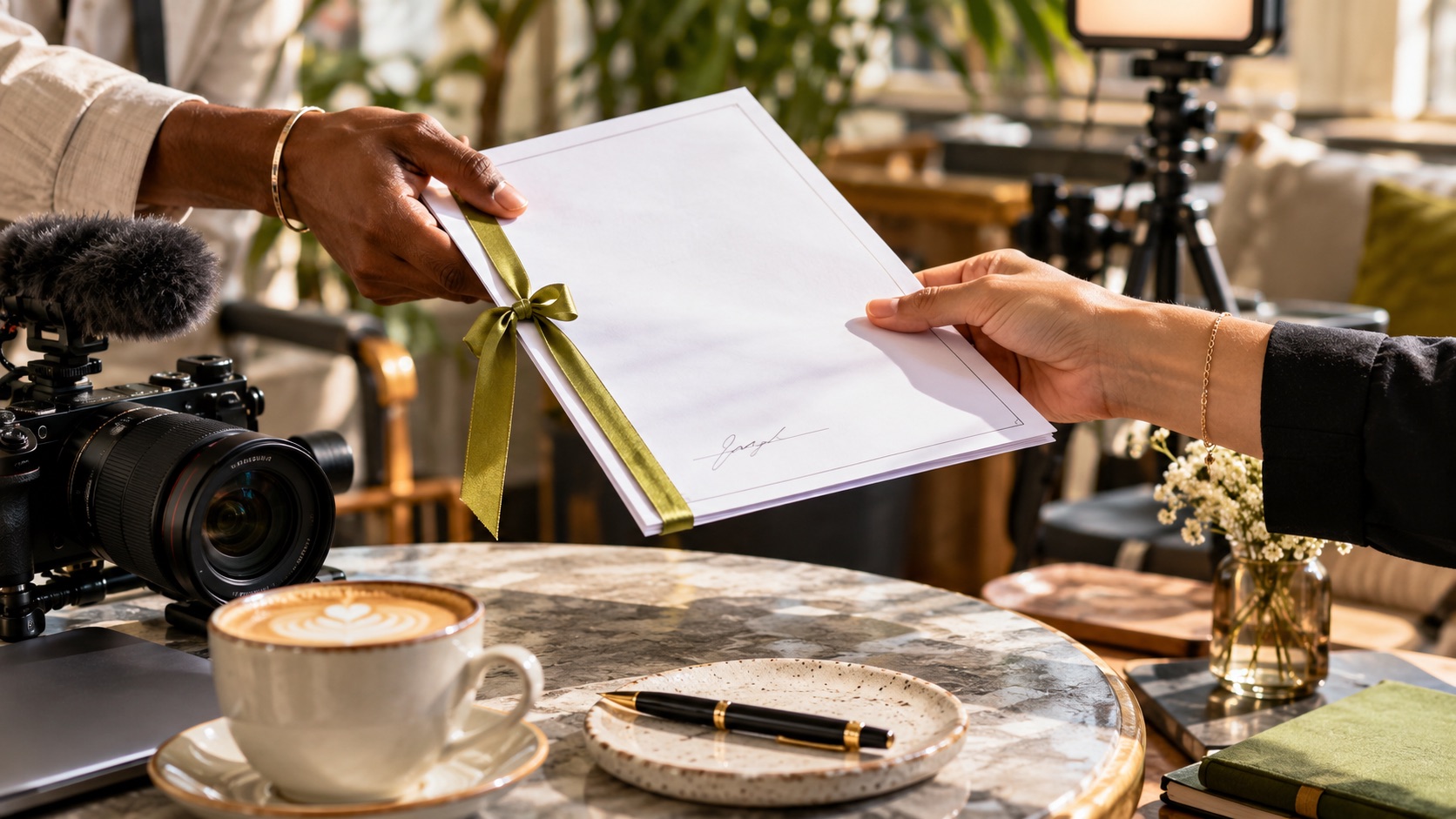 A contract checklist alongside production and permission materials
