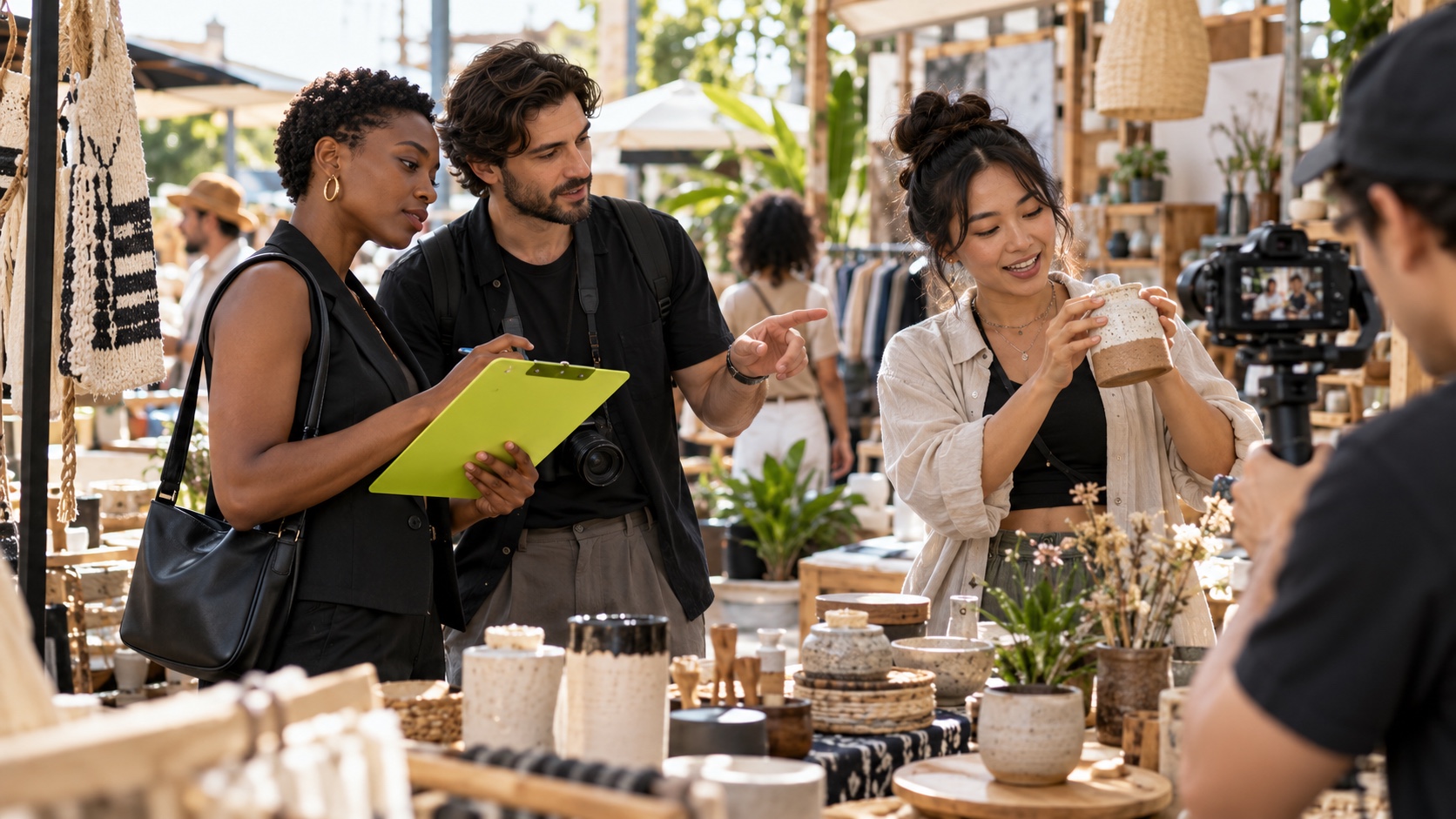 A brand strategist and producer scouting a creator filming at an independent design market