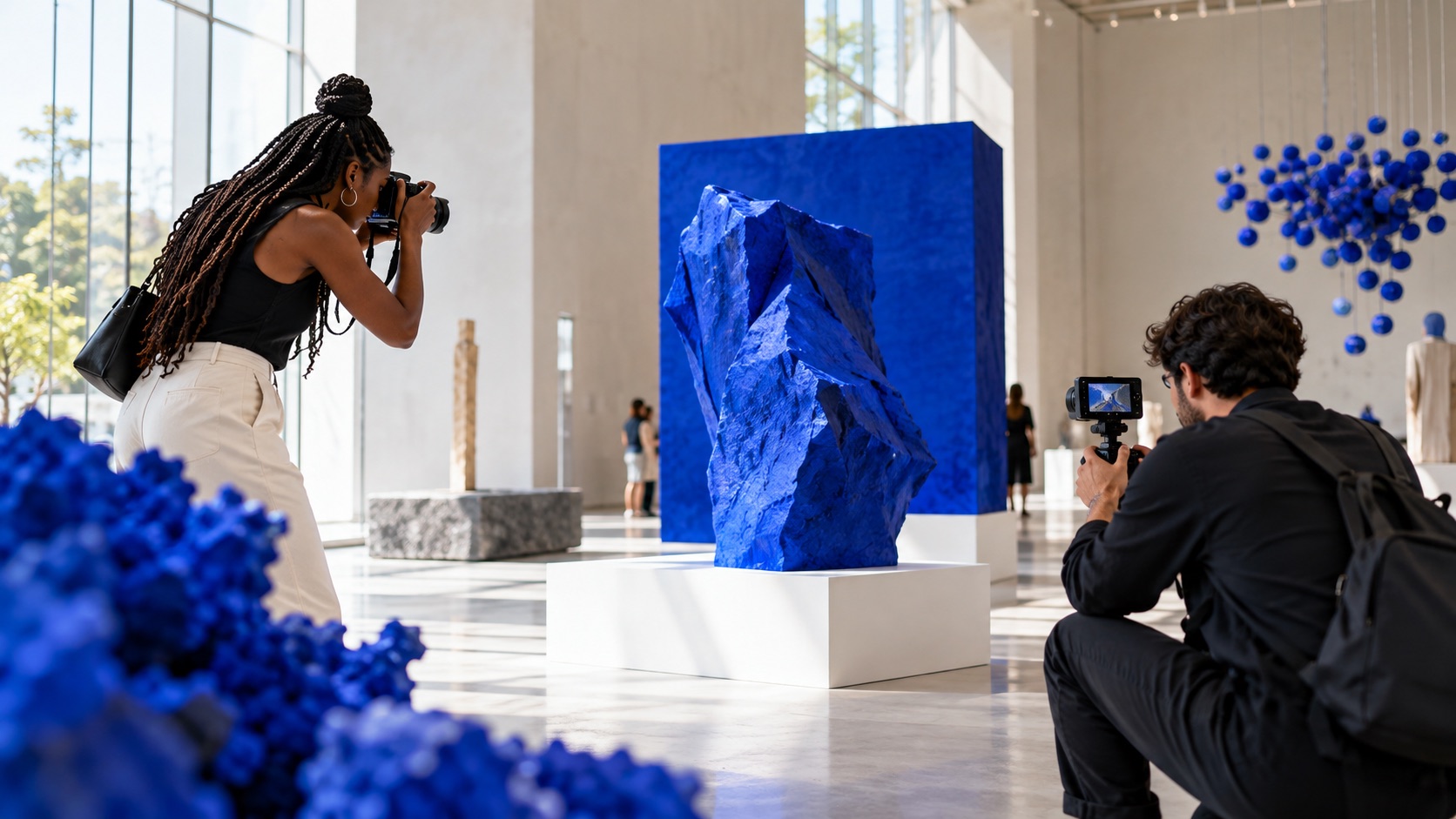 Creators documenting a design exhibition from different camera angles