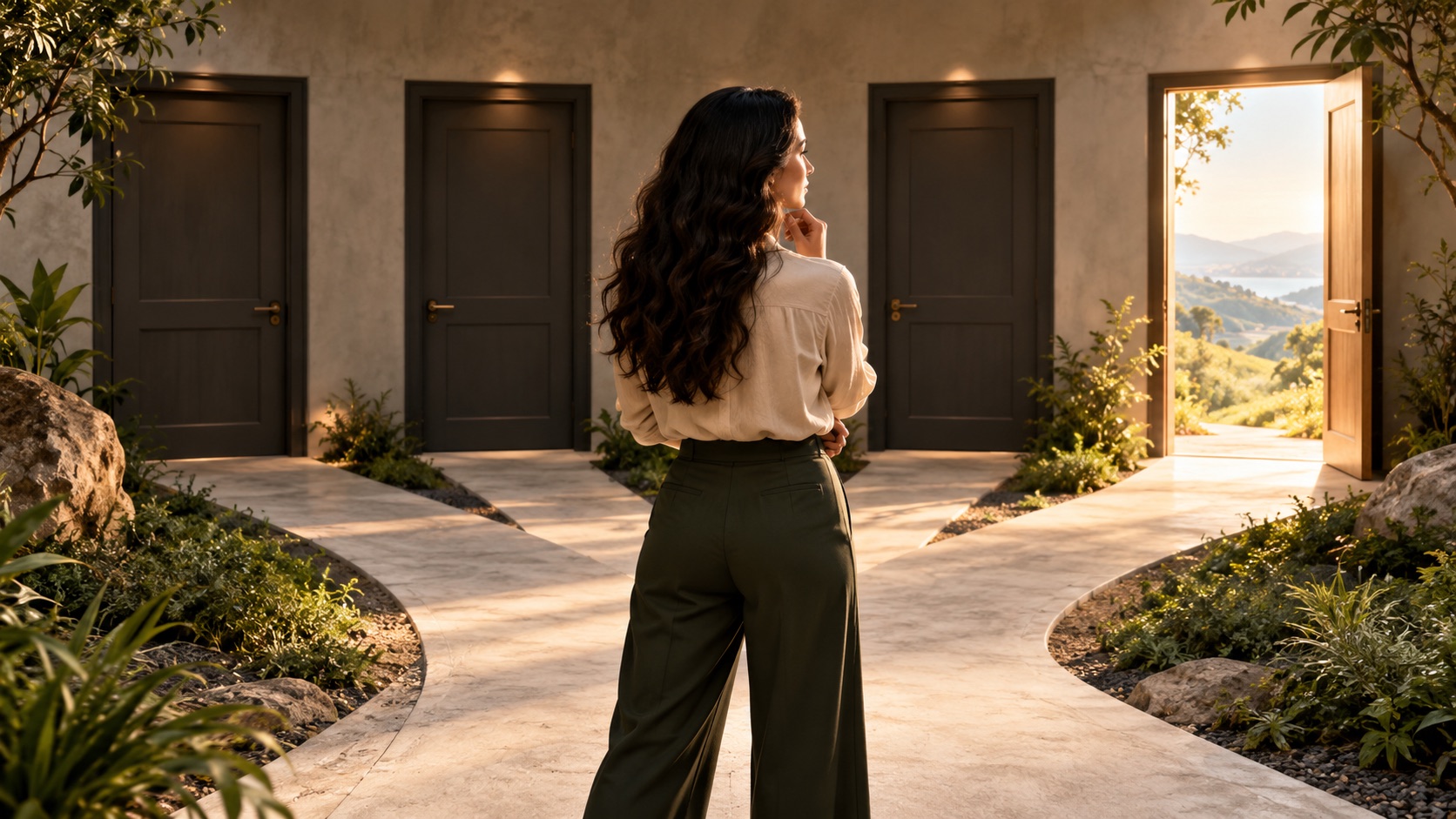 A creator choosing between studio doors along a branching path