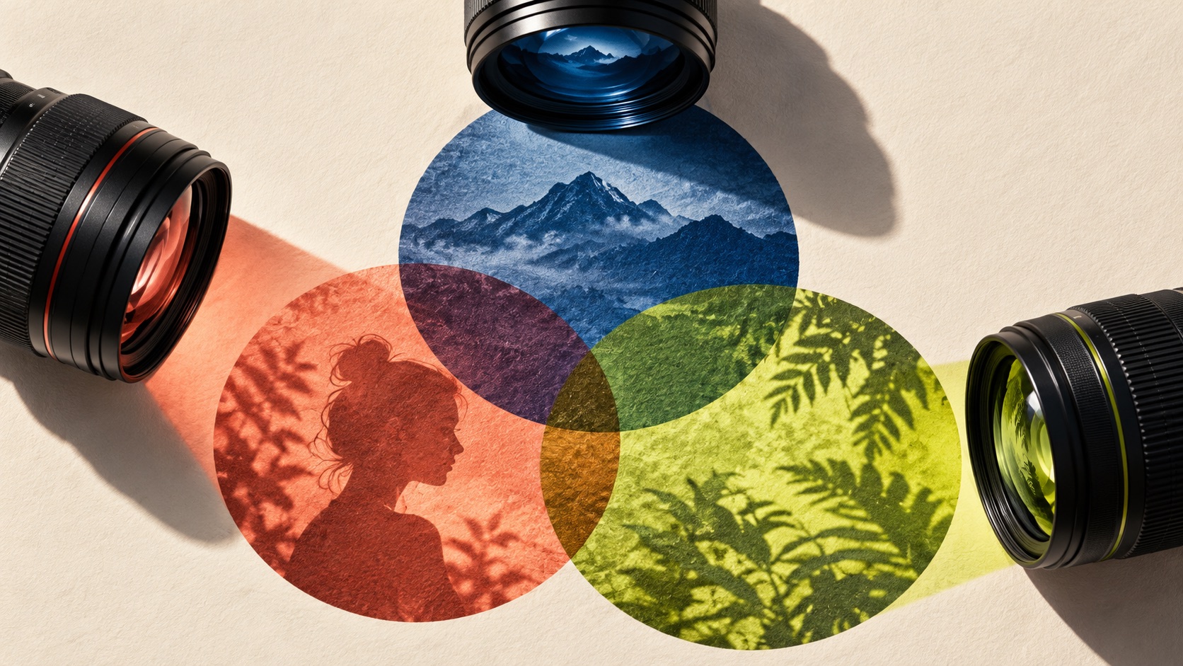 Distinct lenses projecting overlapping circles to represent creator similarity