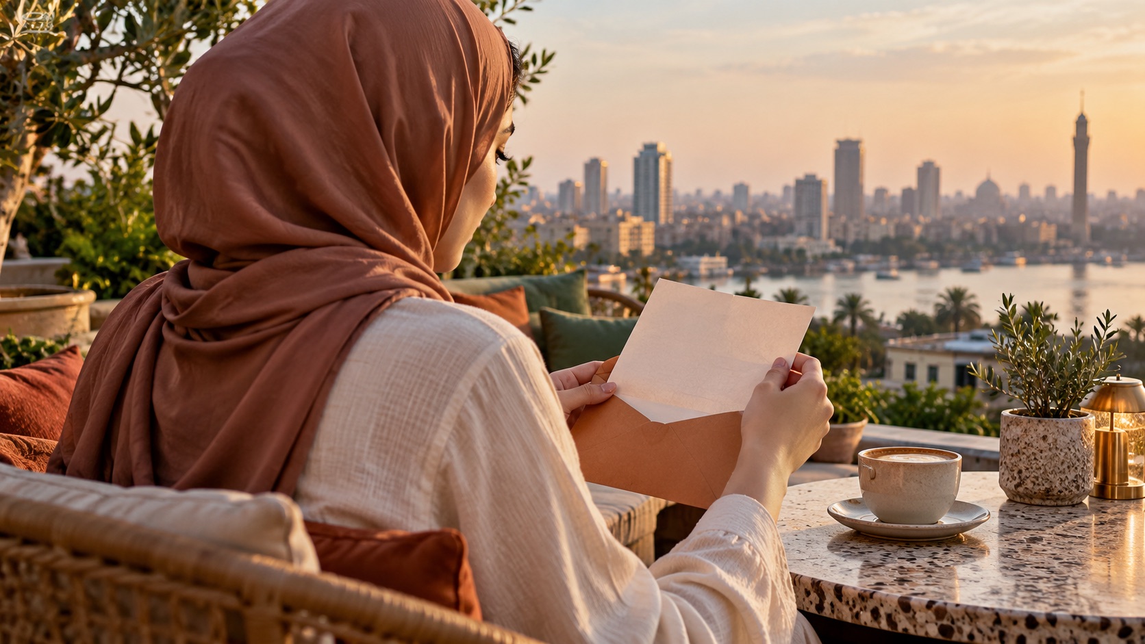 A creator considering a collaboration letter on a rooftop