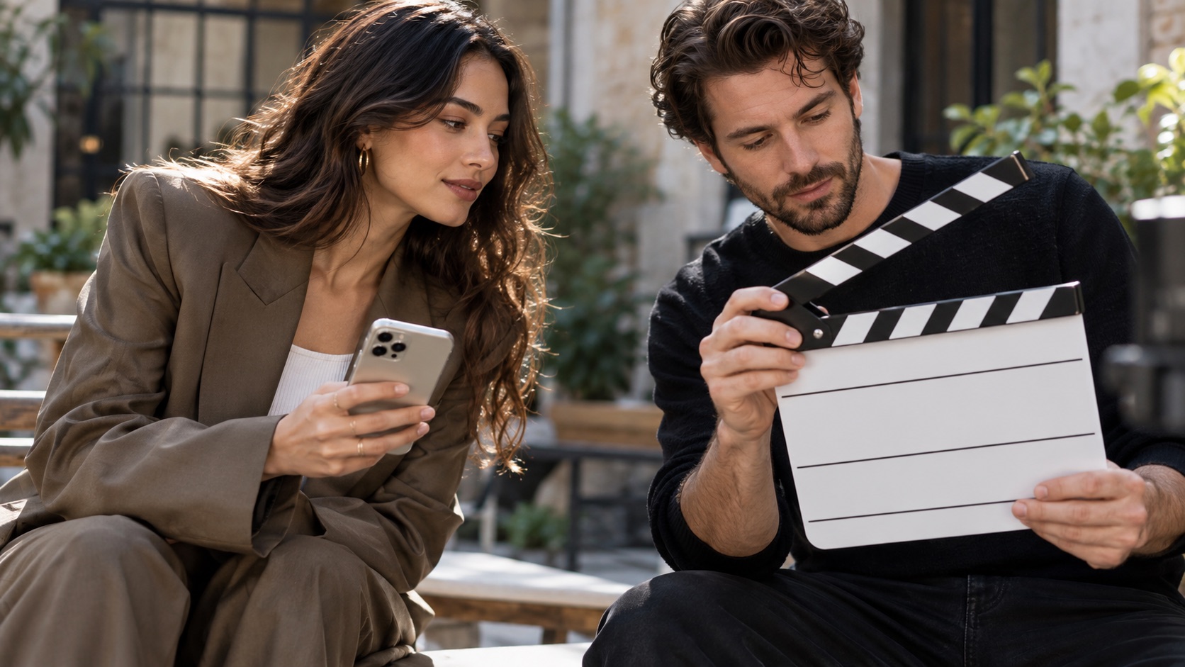 Creator and producer checking readiness for a partnership ad