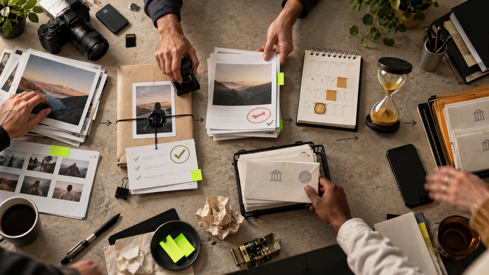 Creator deliverables, calendar pages, approval notes, and payment envelopes arranged as a visible delay timeline