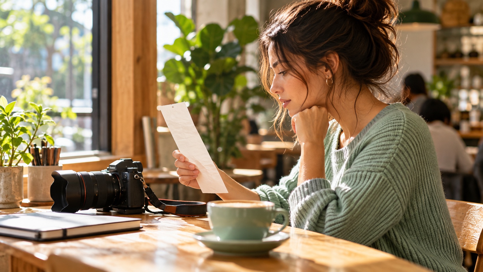Creator reviewing payment evidence in a cafe