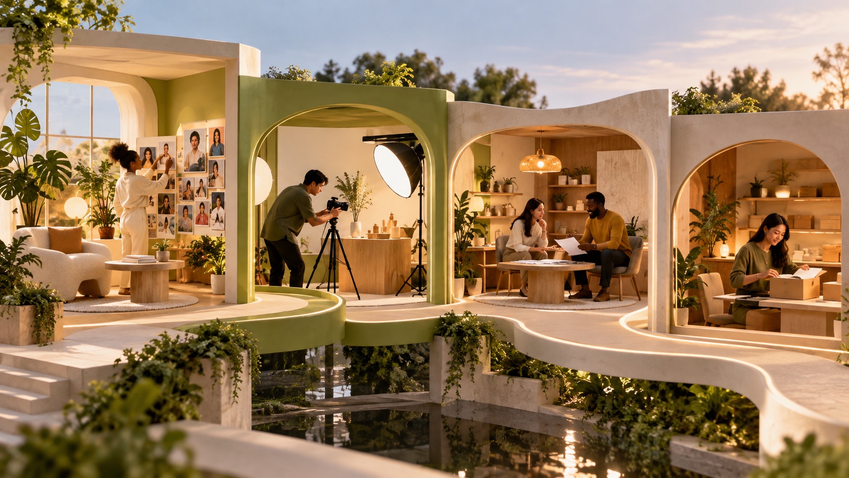 Three architectural scenes representing contrasting collaboration workflows