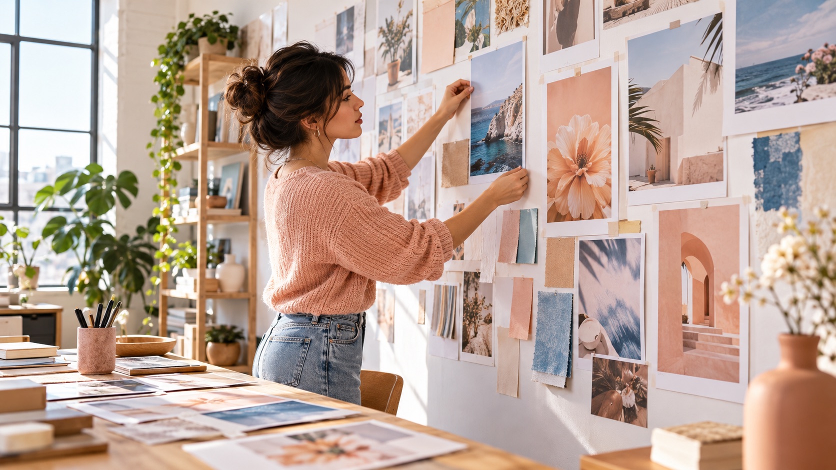Creator arranging selected work on a portfolio wall