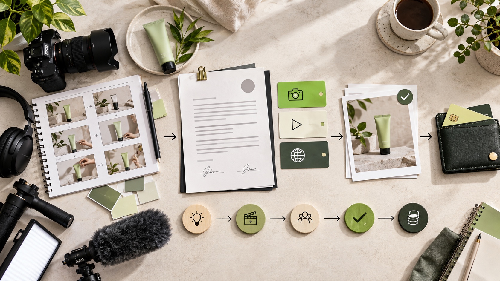An editorial still life mapping creator production, agreement, approval and payment stages