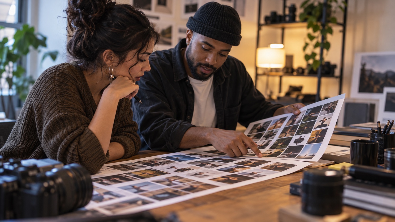 A creator and editor comparing visual contact sheets