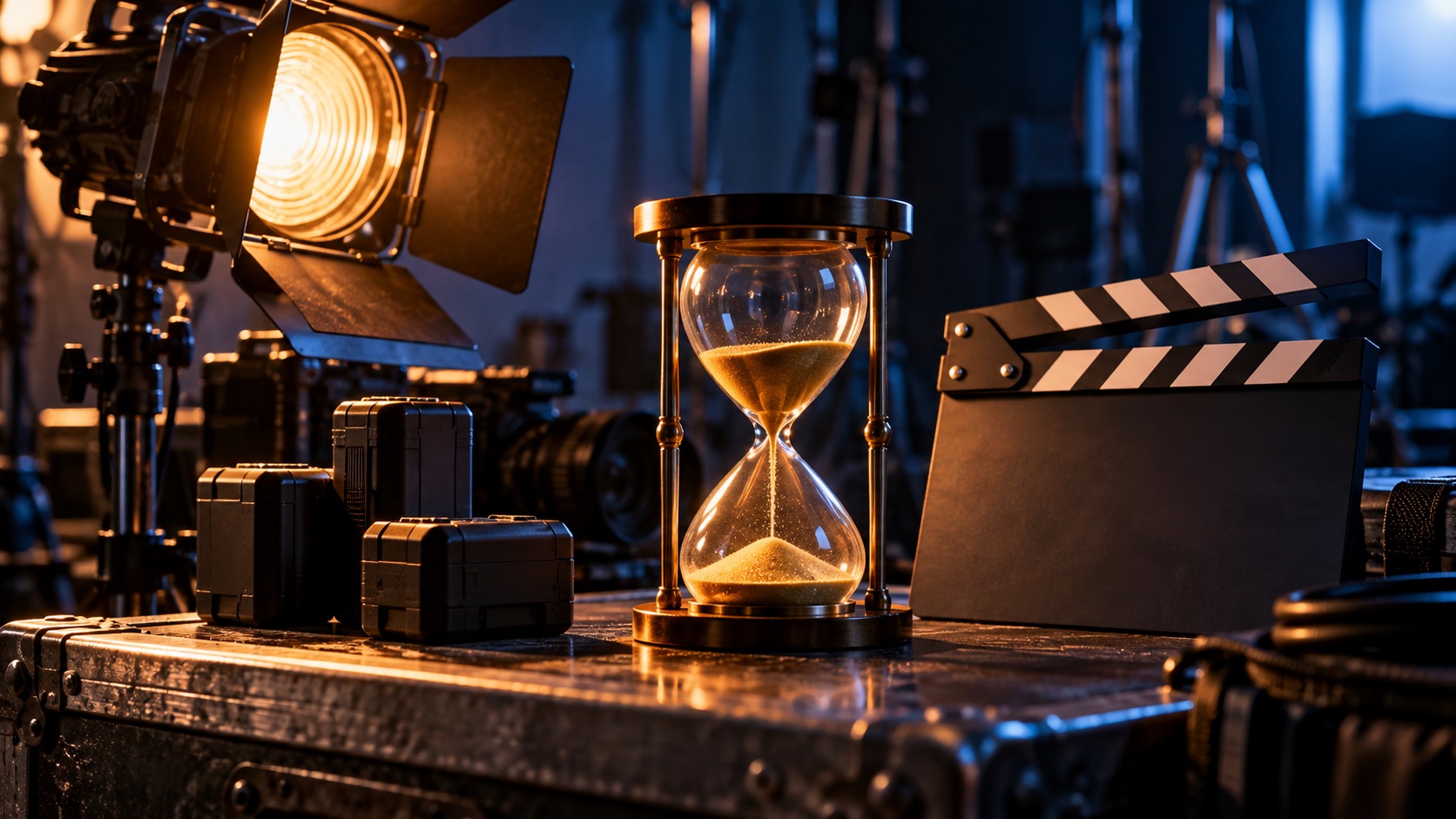 Hourglass and production equipment representing compressed creator deadlines