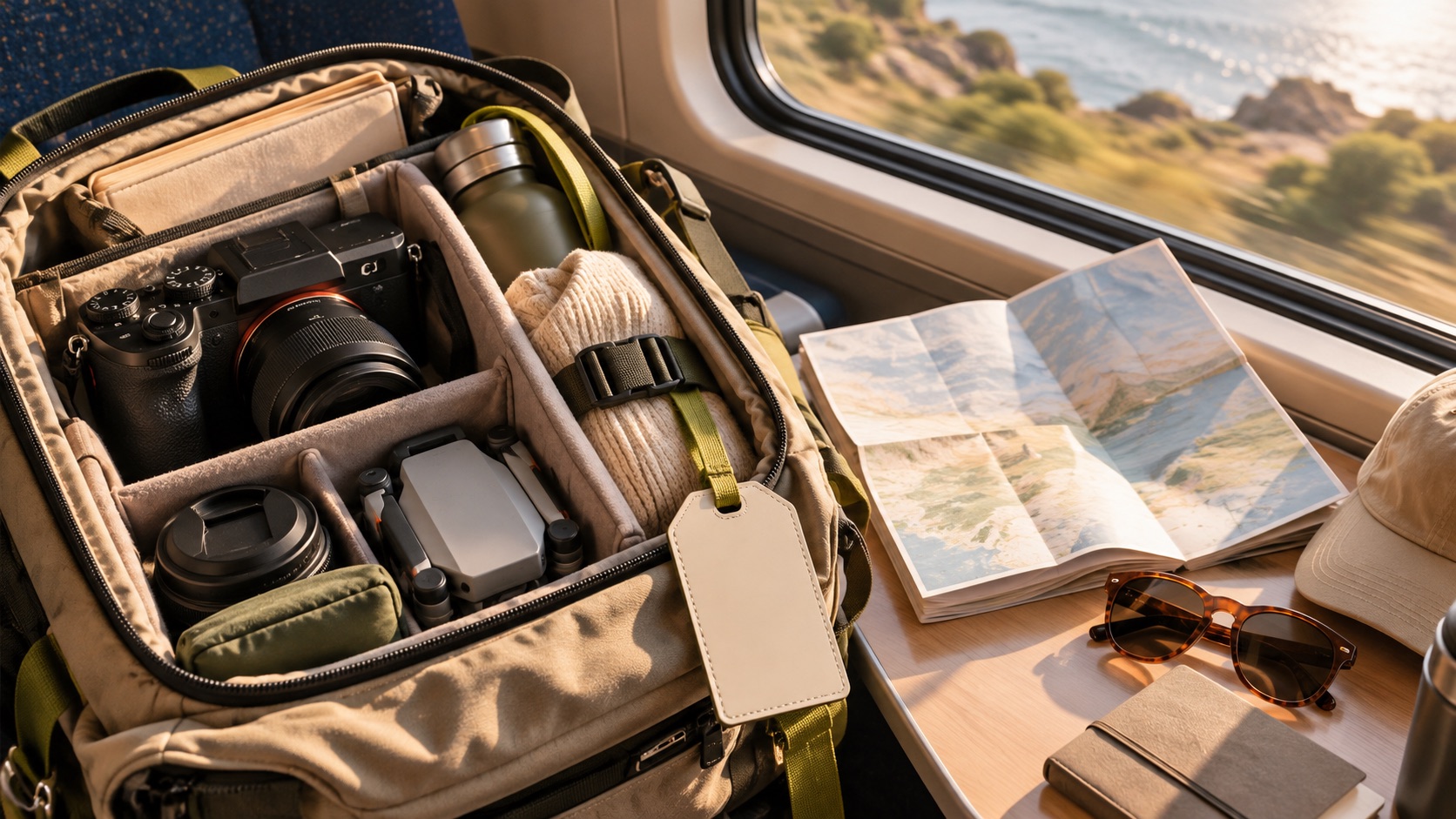 Camera travel bag and itinerary representing production travel expenses