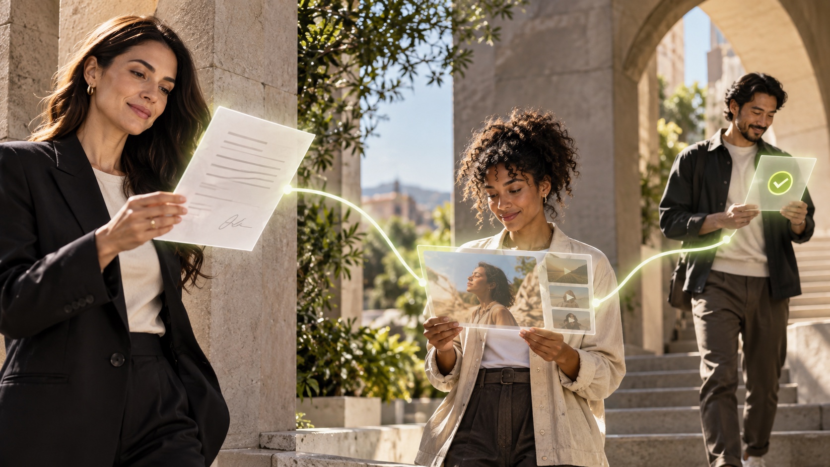 A creator, agency lead, and brand operator connected by a visible cross-border payment and evidence path
