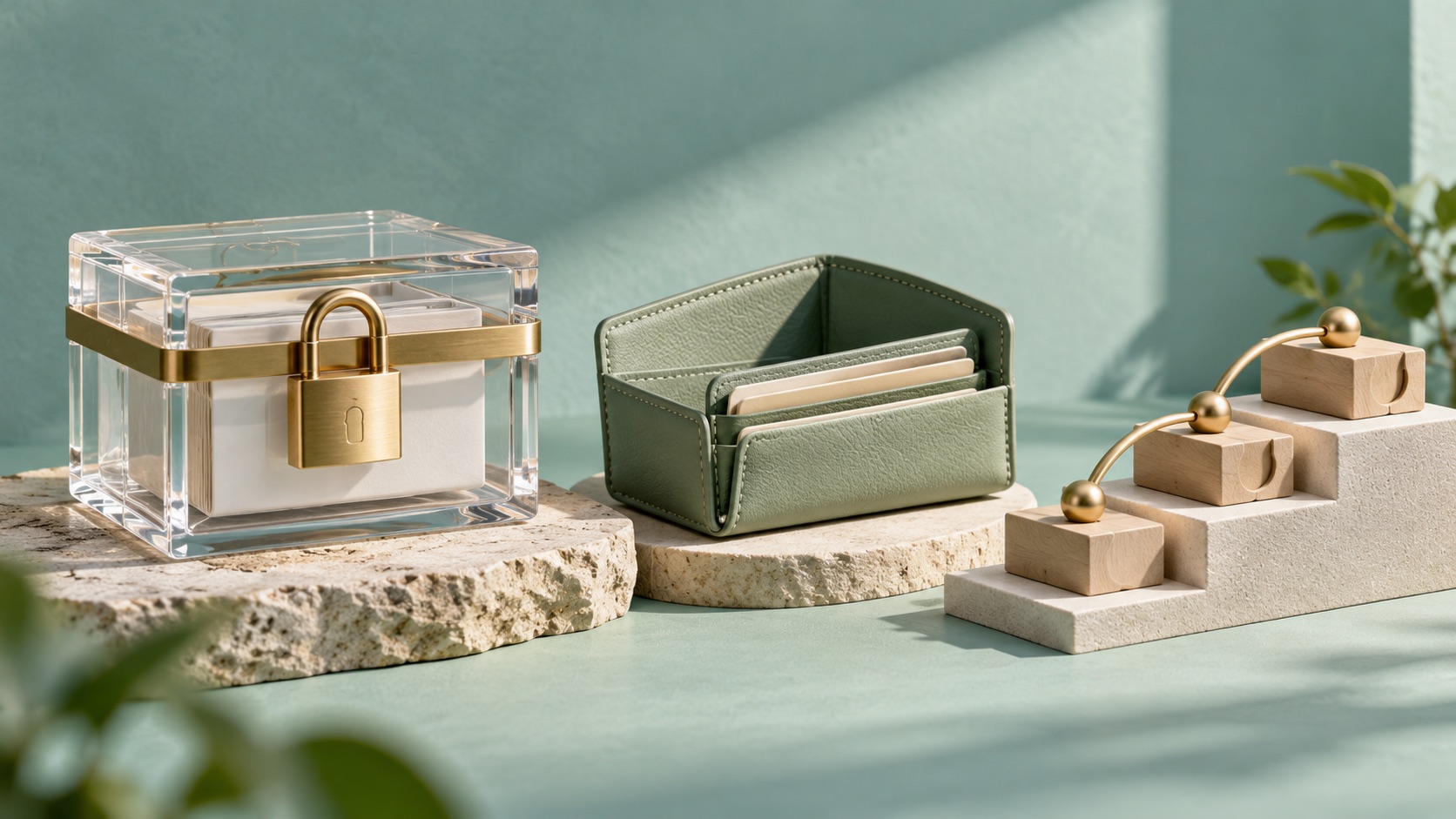 A transparent locked box, a wallet, and stepped release platforms