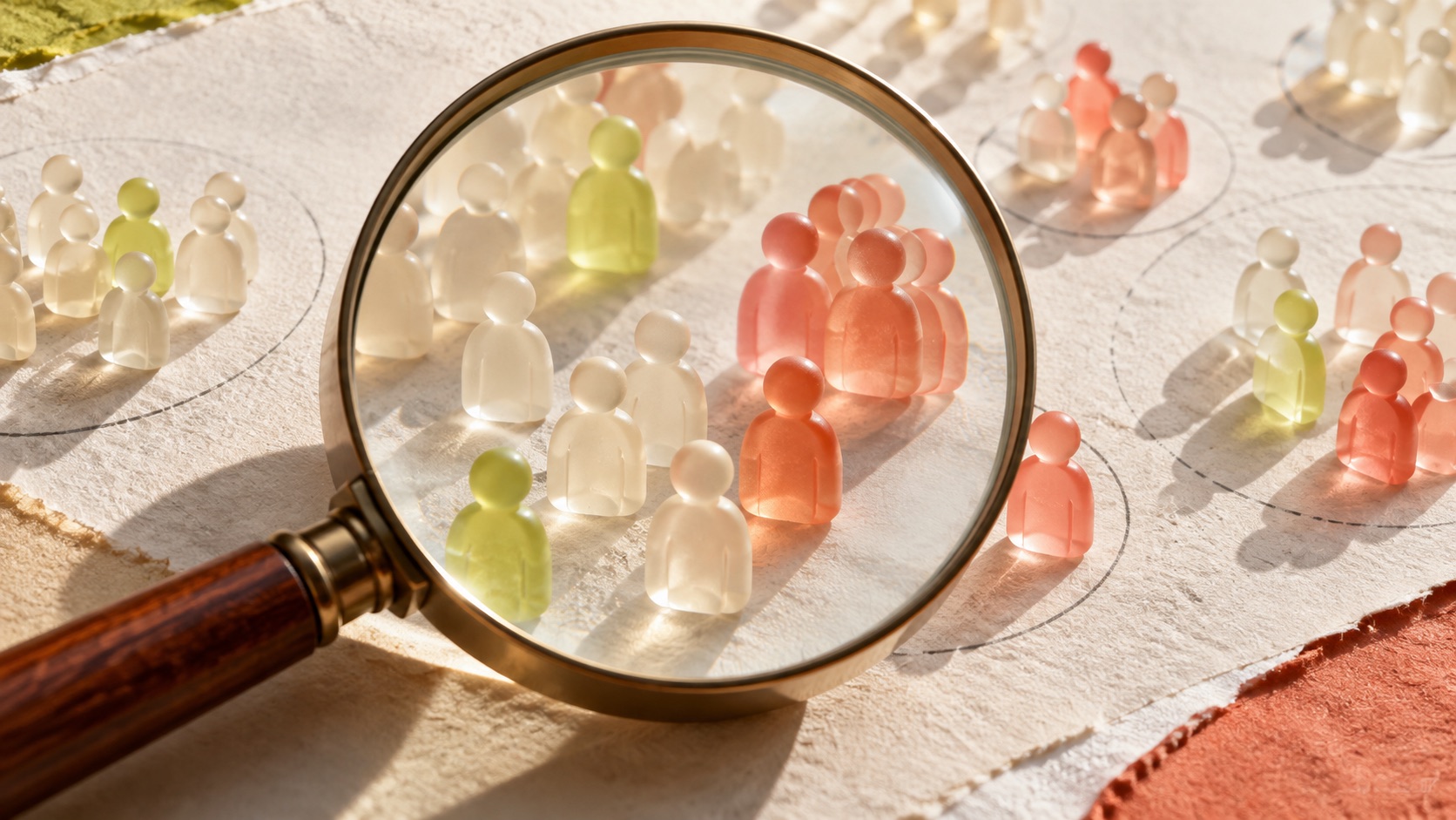 Magnifying glass inspecting grouped translucent audience markers
