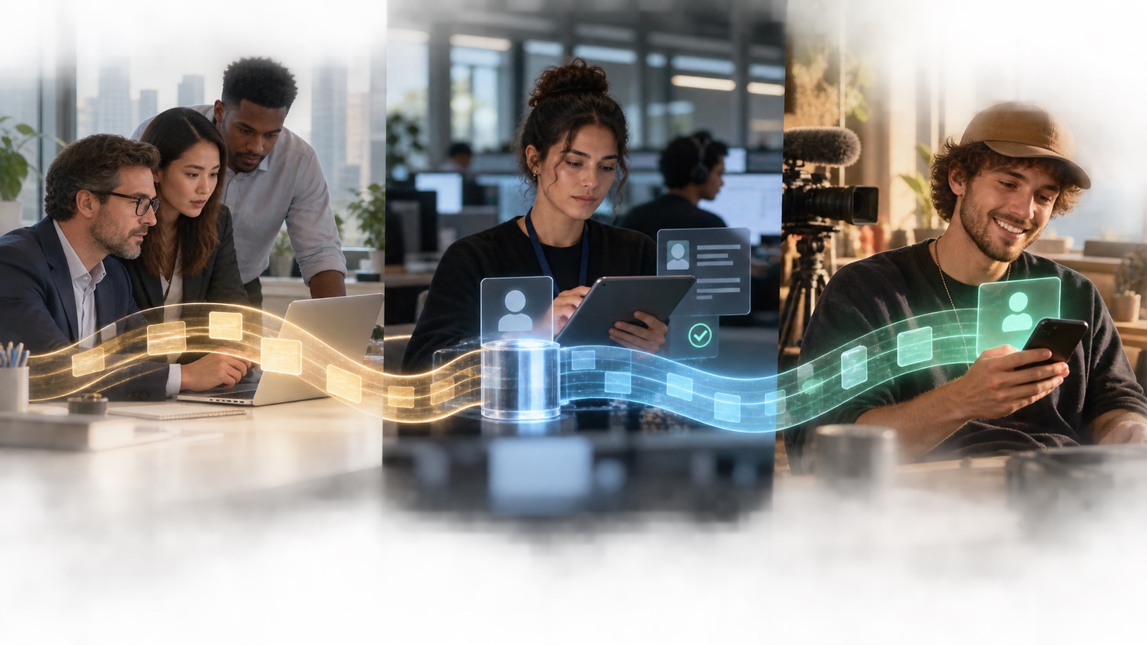 A brand finance team, payout operations layer, and global creator connected through a hybrid fiat-to-digital settlement flow