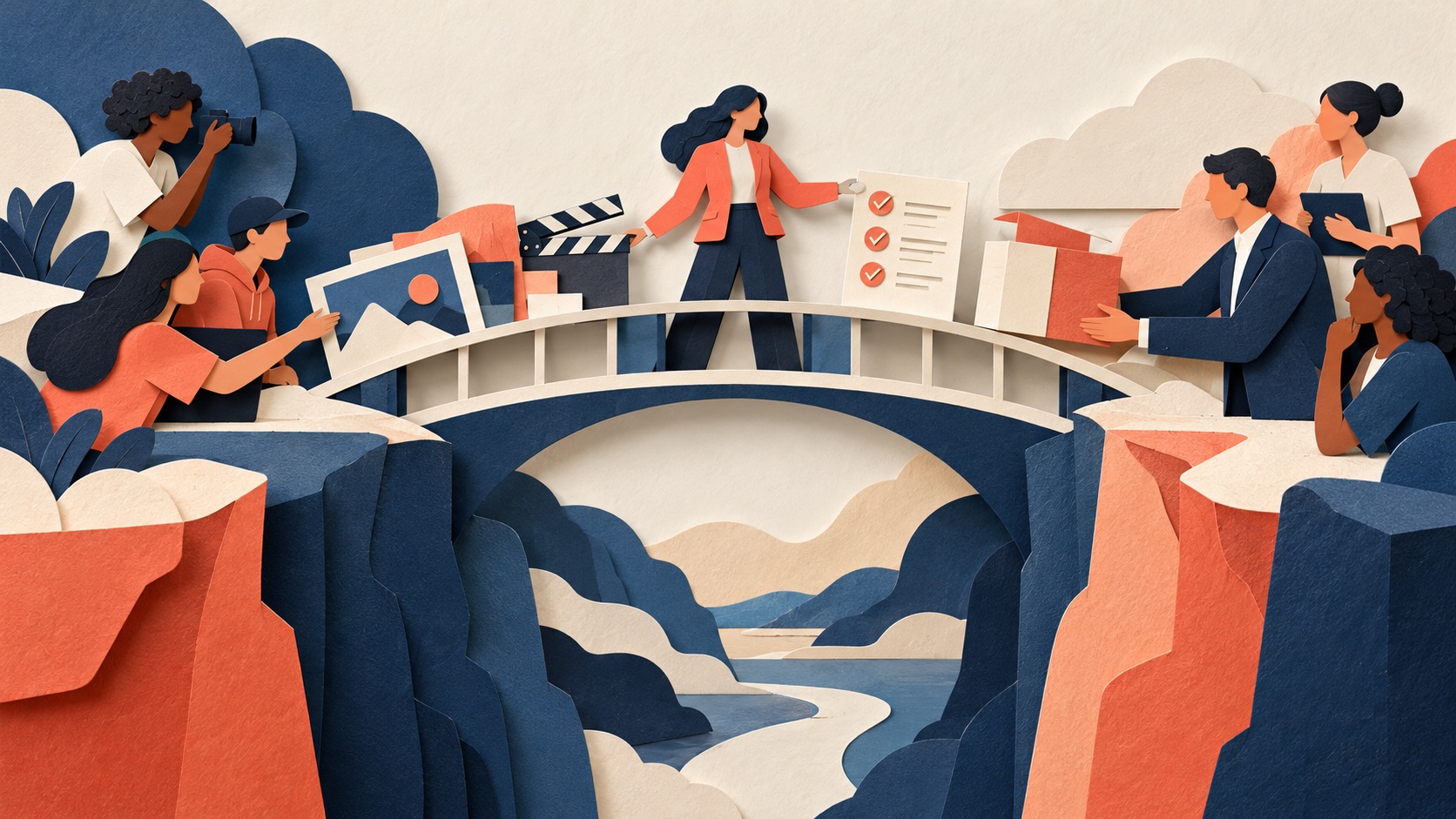 Paper bridge connecting creative, approval, and payment work