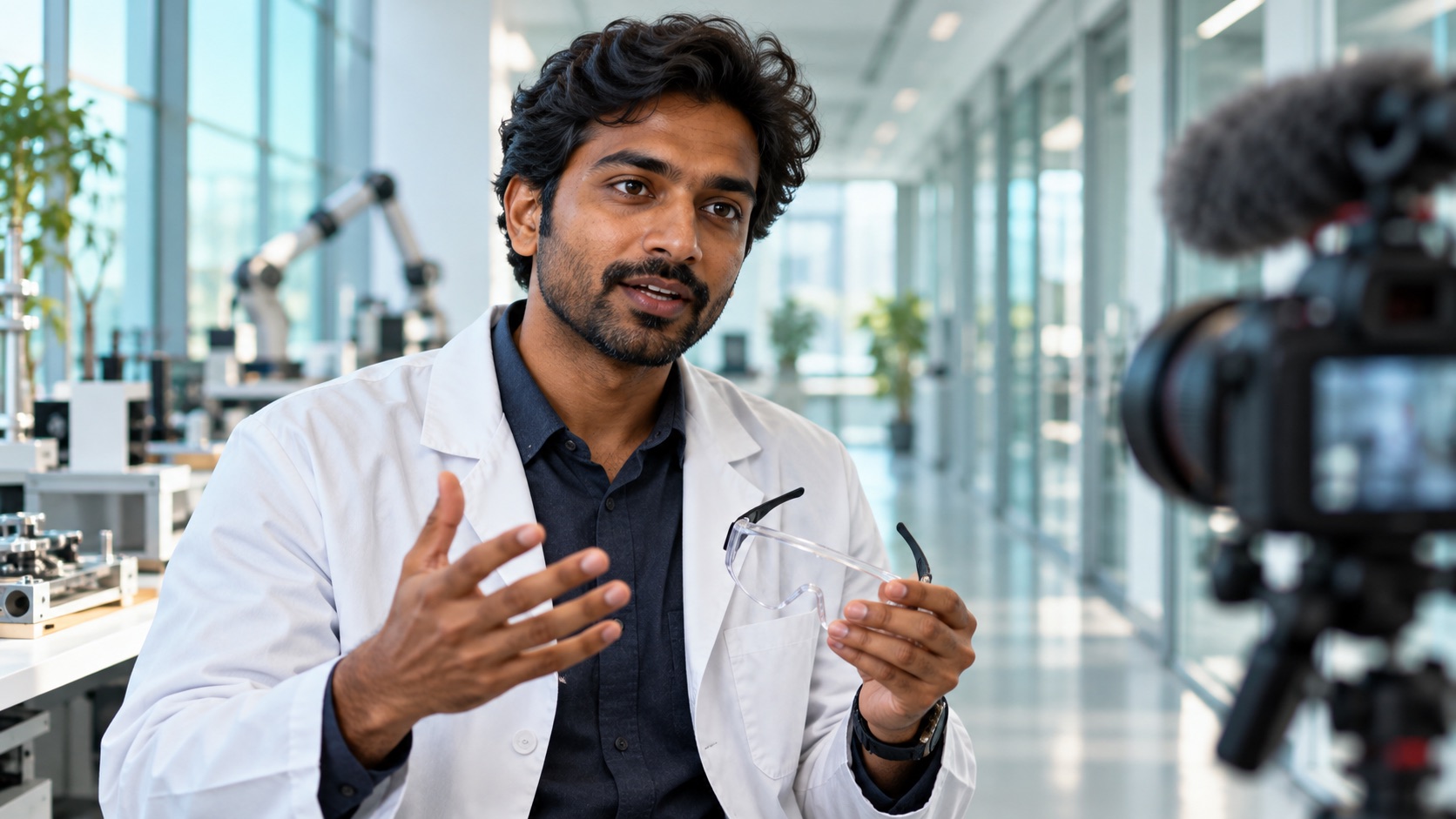 Engineering expert preparing a filmed explanation in a laboratory corridor
