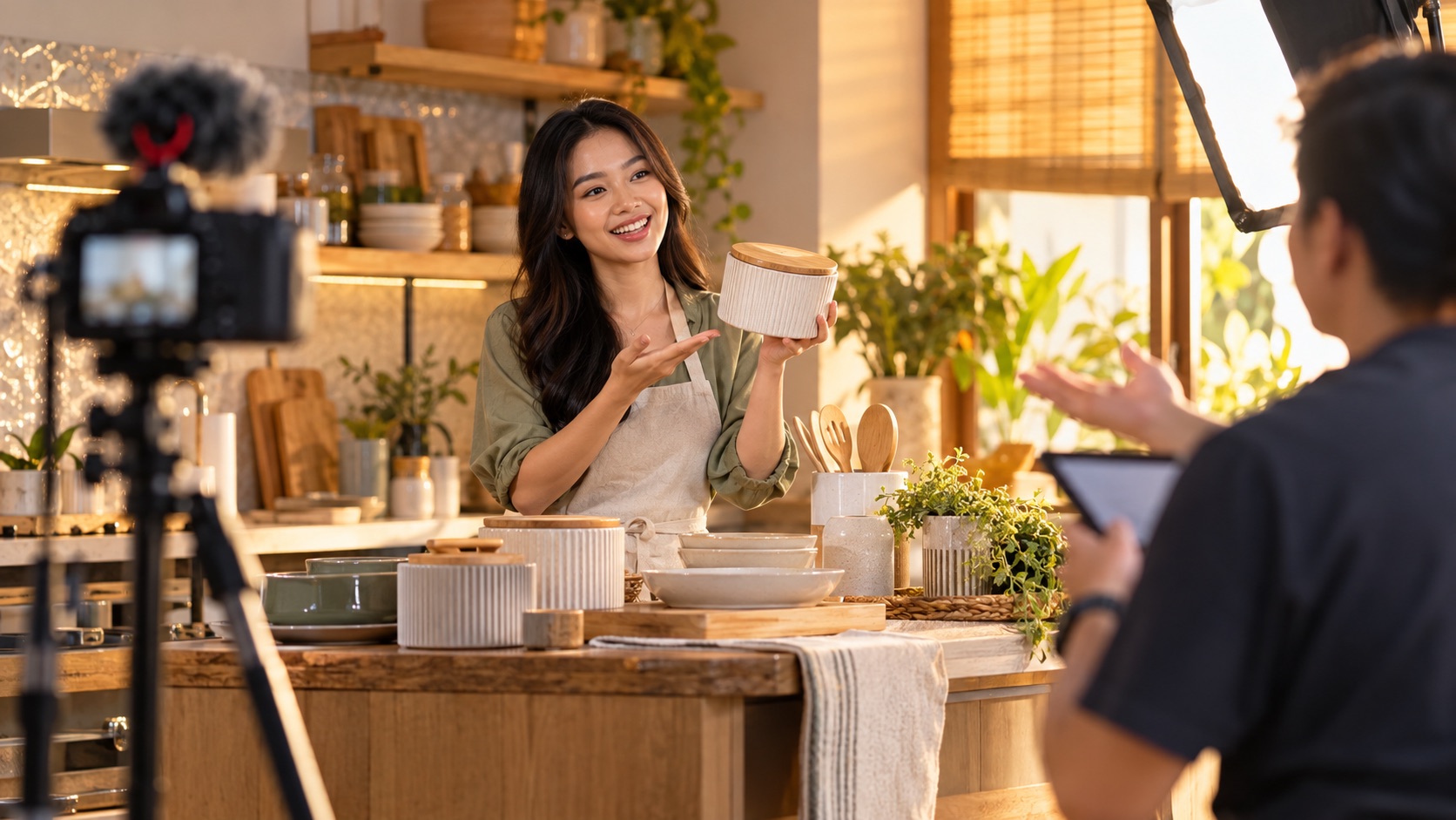Creator demonstrating homeware during a livestream rehearsal