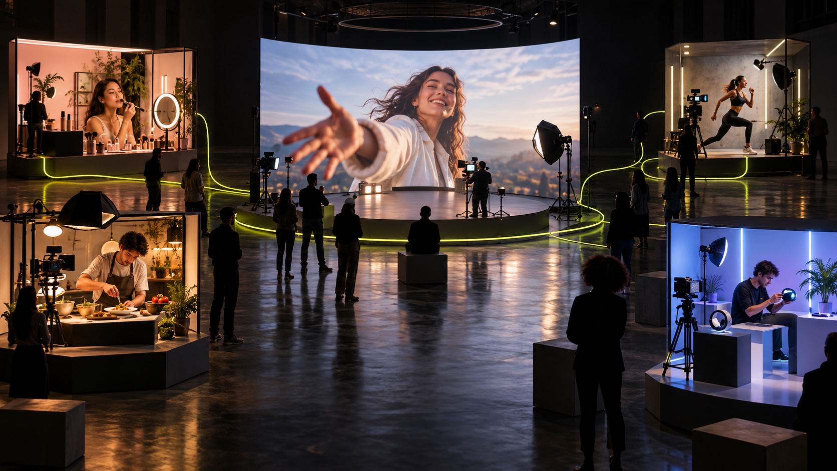 A gallery installation connecting one broad creator stage with several specialized production sets