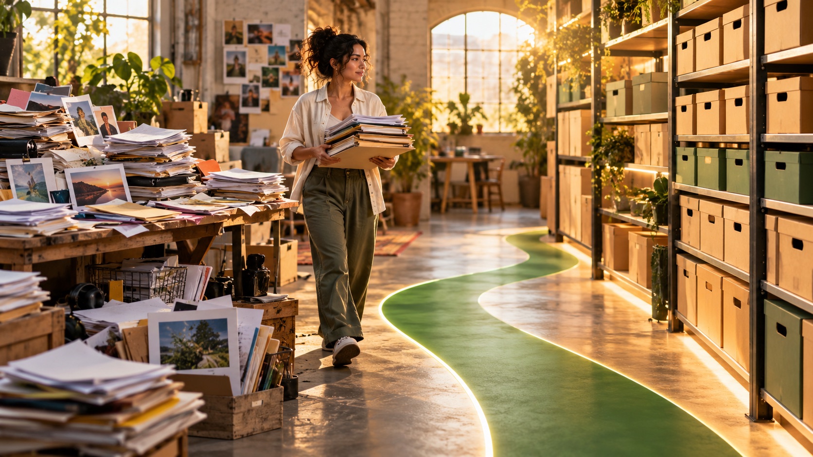 A creator carrying organized folders beside a green path and archival shelves