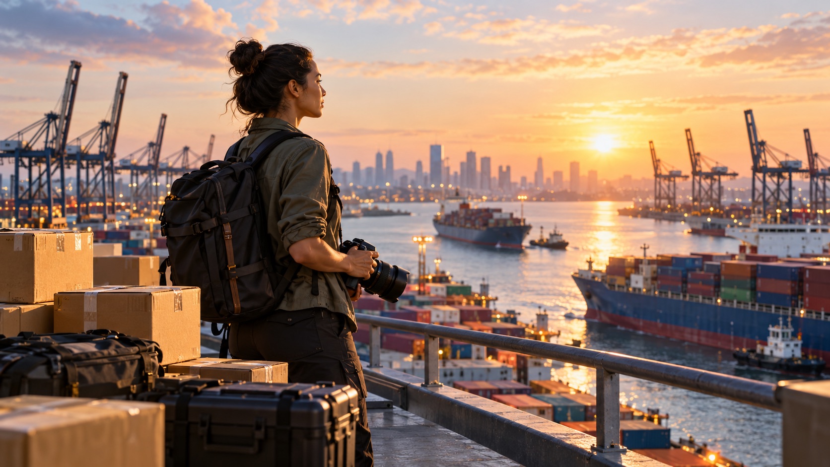 A creator overlooking an international port beside shipment cases