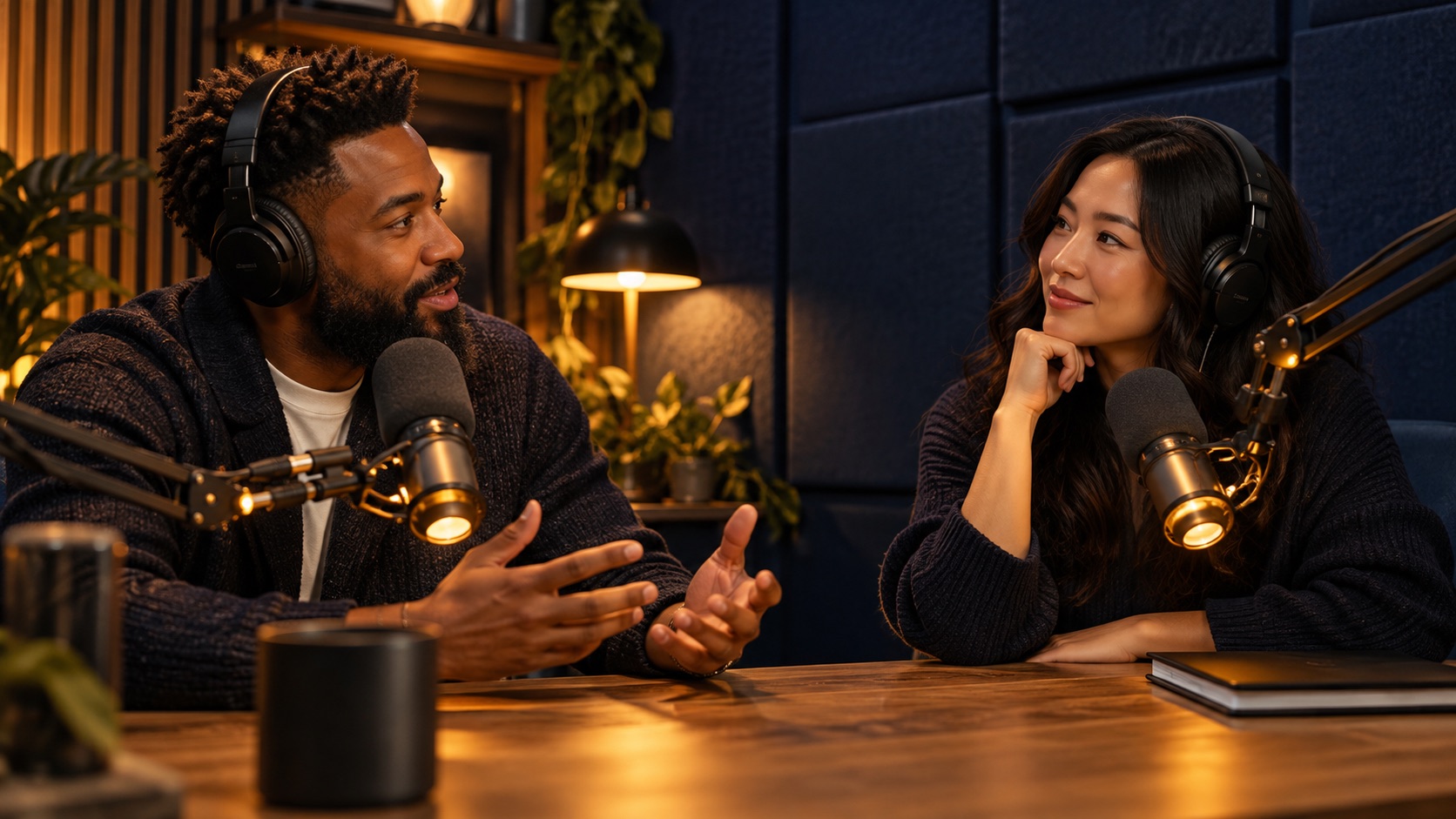 Two podcast hosts recording in an acoustic booth