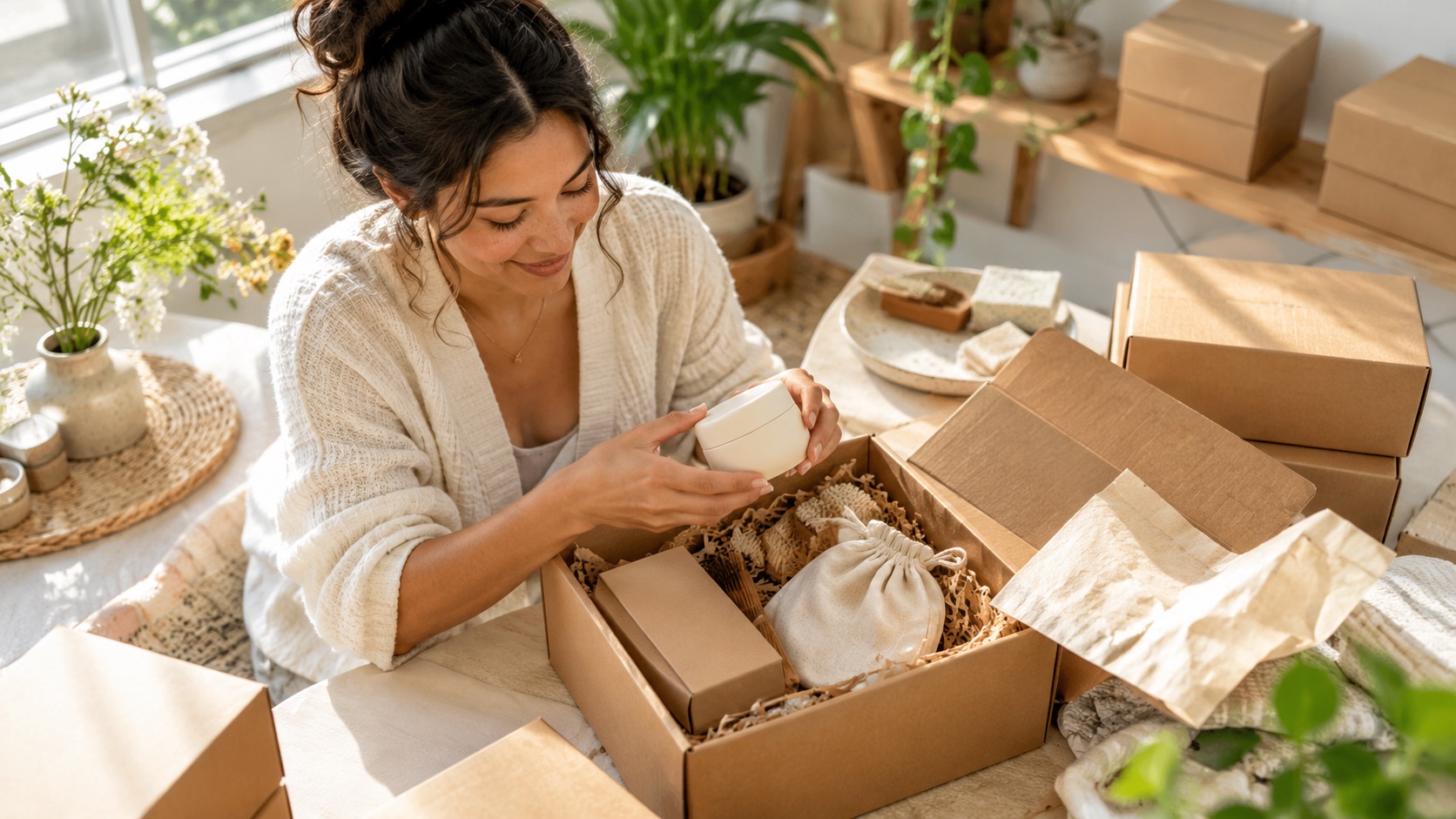A creator opening a product sample in a home studio