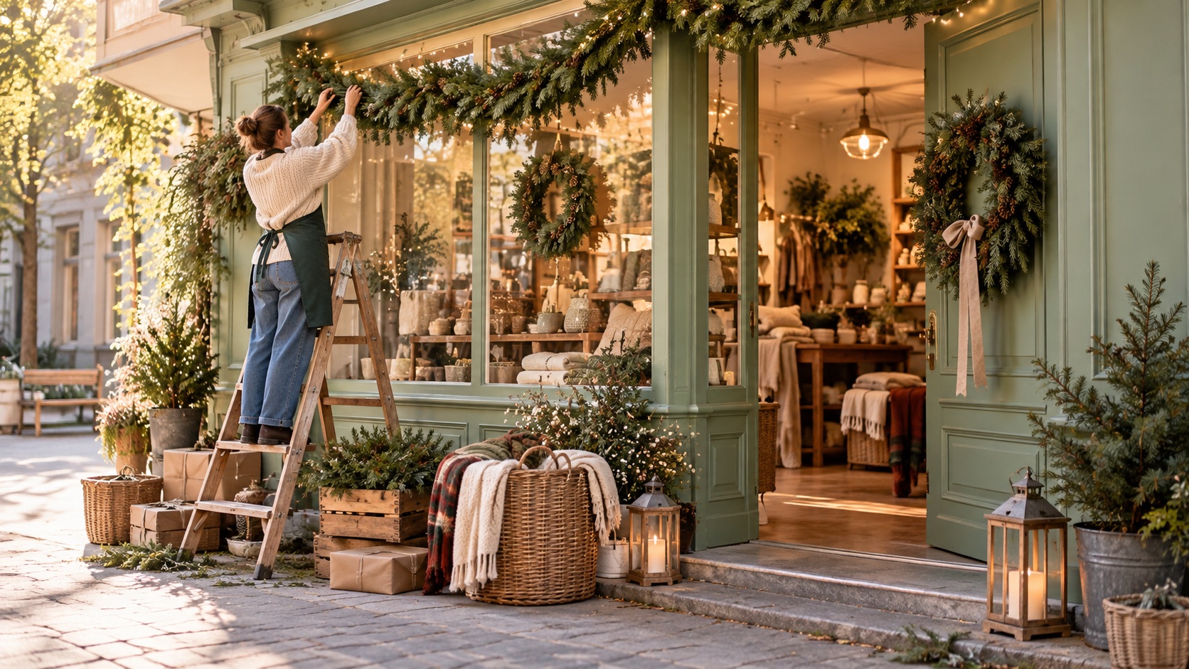 Seasonal retail display being prepared before a campaign