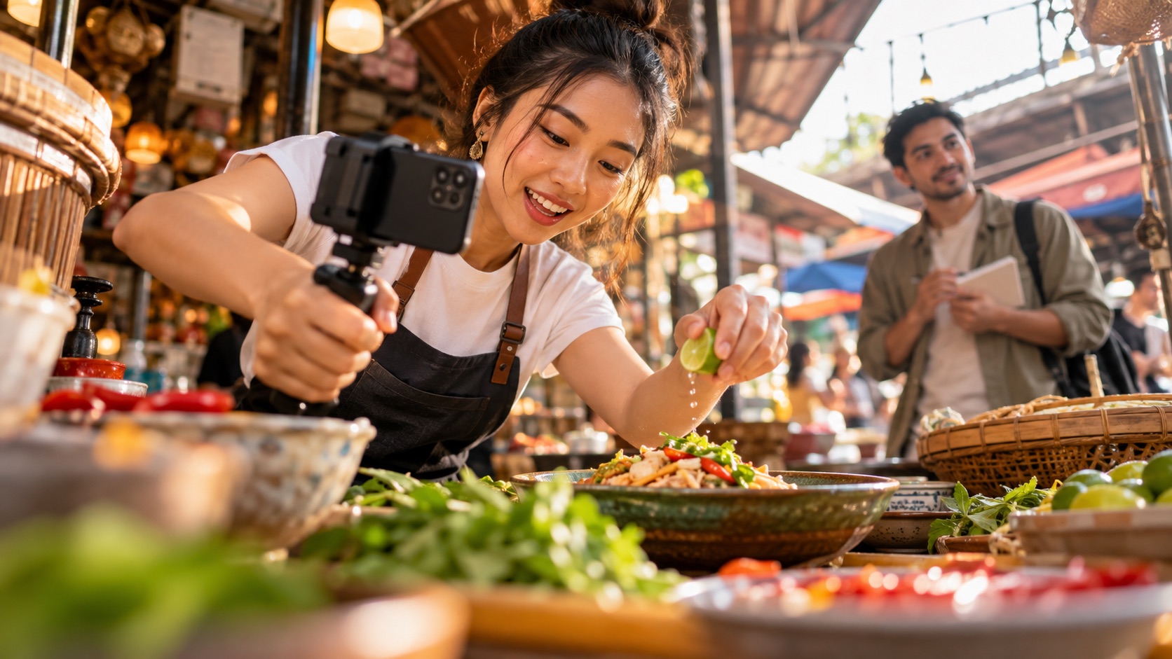 A creator filming food preparation at an open market