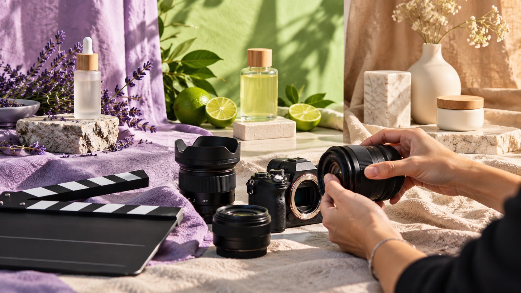 Camera equipment beside contrasting product filming setups