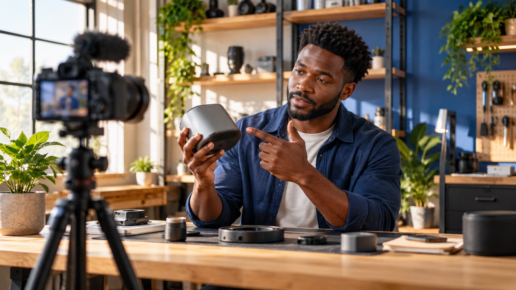 A technology creator demonstrating a device in a workshop